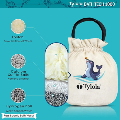 Hydrogen-Rich Bath Water Filter for Tub Faucet with 7 oz purifying minerals shown in a branded drawstring bag.
