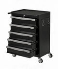 Heavy Duty Rolling Tool Chest With Five Spacious Locking Drawers Features Smooth Ball Bearing Slides For Effortless Glide And Knockout Tough Powder Coated Steel Build. Black tool chest with five drawers.