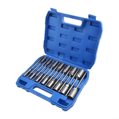 15 Piece Deep Hex Socket Set With 150mm Long Reach Nut Driver Bits in blue plastic case displayed open