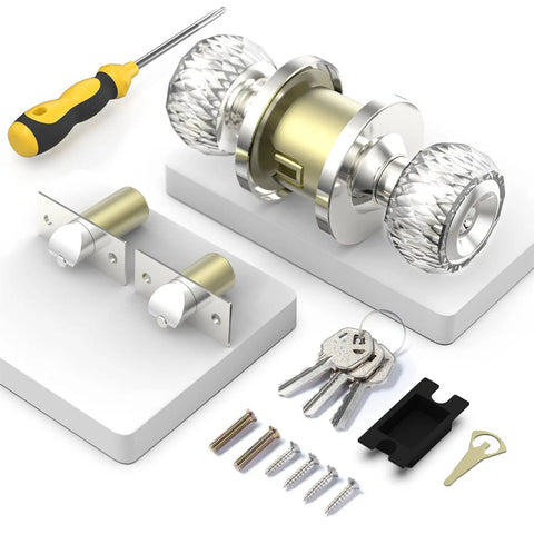Crystal Privacy Door Knob With Lock For Bedroom And Bathroom, Easy Install Interior Door Handle With Keys shown with install kit