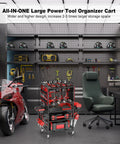 Large Power Tool Organizer Cart With 20A Charging Station, Heavy Duty Drill And Battery Holder Storage Rack, Red, in workshop