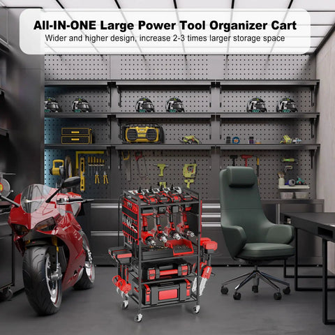 Large Power Tool Organizer Cart With 20A Charging Station, Heavy Duty Drill And Battery Holder Storage Rack, Red, in workshop