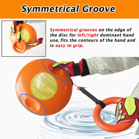 Throwable Life Saver Disc With Easy Grip And Rescue Rope For Water And Ice Emergencies displayed with gloves and symmetrical grooves.