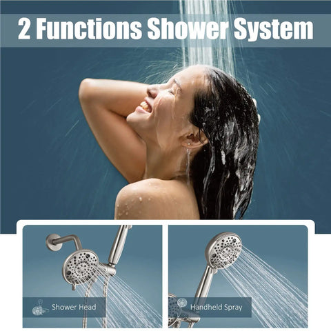 Dope Dual Shower Head And Handheld Spray System In Brushed Nickel Finish Rain Shower Head Kit with 8 Settings in use