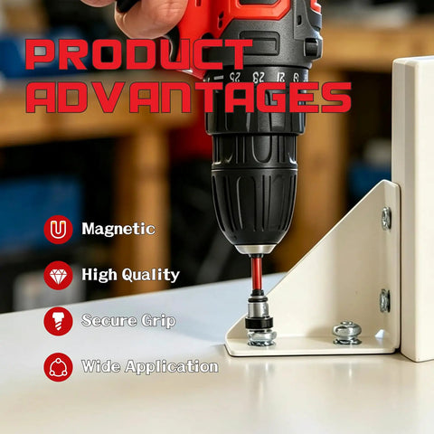 Image showcasing 6 Pcs Magnetic Drywall Screw Setter Bits Featuring Ph2 Depth Stop Dimpler Adapter, showing secure bit attachment.
