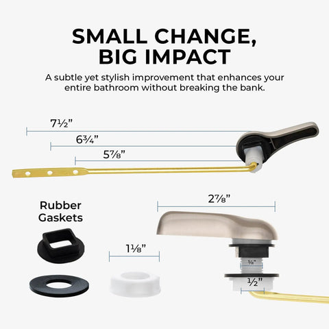 Brushed Nickel Front Mount Toilet Handle Replacement Kit With Universal Flush Lever showing dimensions and rubber gaskets