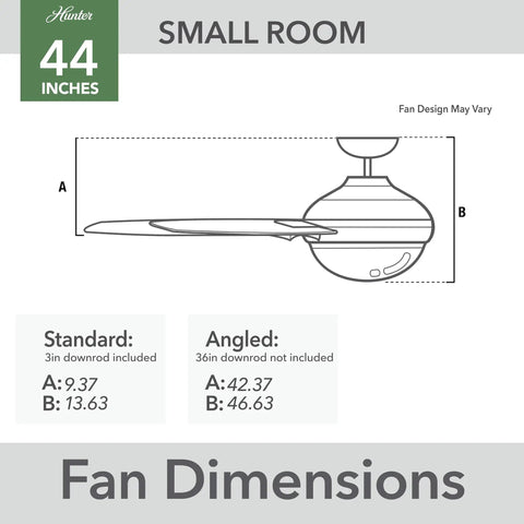 Diagram showing dimensions for 44 Inch Indoor Ceiling Fan With LED Light And Remote, White Modern Ceiling Fan With Four Blades for Bedroom, Living Room Or Kitchen, Standard Mount, Energy Efficient Lighting And Quiet Operation. Measurements for standard and angled mounts included.