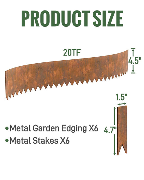 Pre Rusted Cor Ten Steel Landscape Edging Kit With 4.5 Inch Low Profile Border, dimensions labeled with heights and stakes