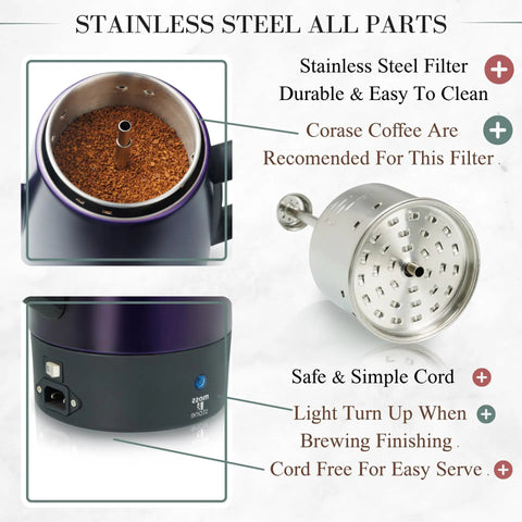 Detailed view of 10 Cup Purple Percolator Coffee Pot Electric Stainless Steel With Keep Warm Function components and features.