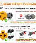 Heavy Duty Heft No Sweat Setup Nema L6-30P To L6-20R Locking Adapter Cord instructions graphic for proper outlet checks.