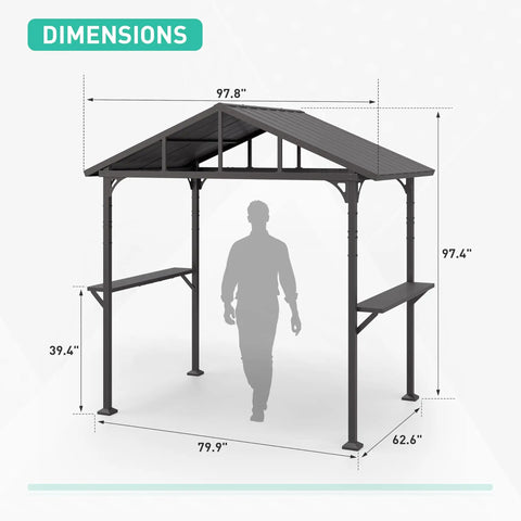 Hardtop Outdoor BBQ Grill Gazebo With Bar And Tool Hooks, Waterproof Sloped Roof, smoke venting canopy dimensions diagram