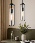 SeeU 2-Pack Black Pendant Light Kitchen Island, Crackle Glass Light Fixture hanging above a cozy tabletop setting.