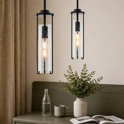 SeeU 2-Pack Black Pendant Light Kitchen Island, Crackle Glass Light Fixture hanging above a cozy tabletop setting.