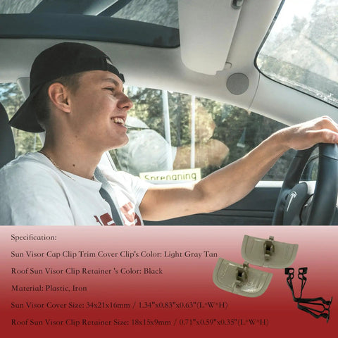 Two Pack Sun Visor Clip Retainer Covers And Trim Screws Replacement Kit For Ford Edge 2015 To 2024 Fusion 2013 To 2016 Lincoln MKZ Light Gray Tan Finish shown in car application.