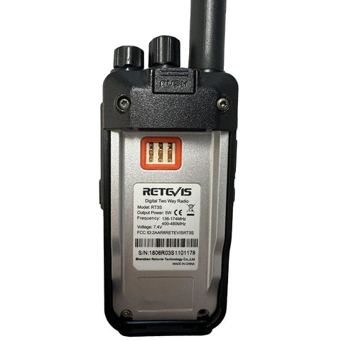 Back view of RT3S DMR Radio Dual Band Two Way Ham Radio With Cable OpenGD77 Support, showing antenna and serial plate.