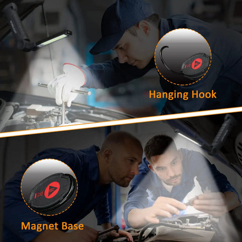 Mechanics using Six Pack Rechargeable LED Work Lights With Magnetic Base And 360 Degree Spin for car repair tasks.