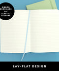 Top Shelf Hardcover Lined Journal Notebook With College Ruled Pages For Your Daily Grind And Heavy Note Taking Vegan Leather Water Resistant Cover With Expandable Pocket And Ribbon Bookmark open layout showing ribbon bookmark and elastic closure.