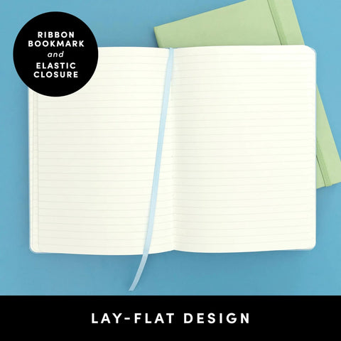 Top Shelf Hardcover Lined Journal Notebook With College Ruled Pages For Your Daily Grind And Heavy Note Taking Vegan Leather Water Resistant Cover With Expandable Pocket And Ribbon Bookmark open layout showing ribbon bookmark and elastic closure.