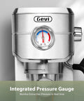 Close-up of Barista Grade Espresso Machine With Milk Frother For Home Use, stainless steel build, pressure gauge visible