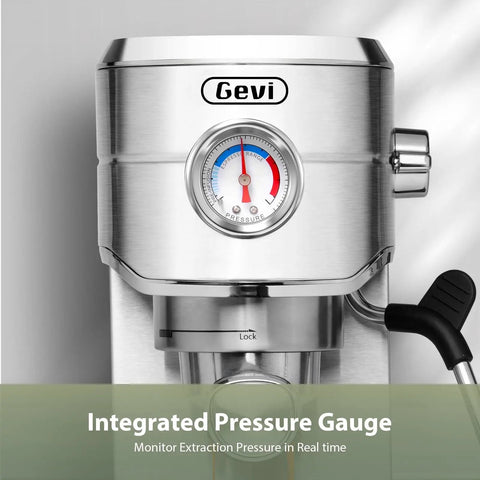 Close-up of Barista Grade Espresso Machine With Milk Frother For Home Use, stainless steel build, pressure gauge visible