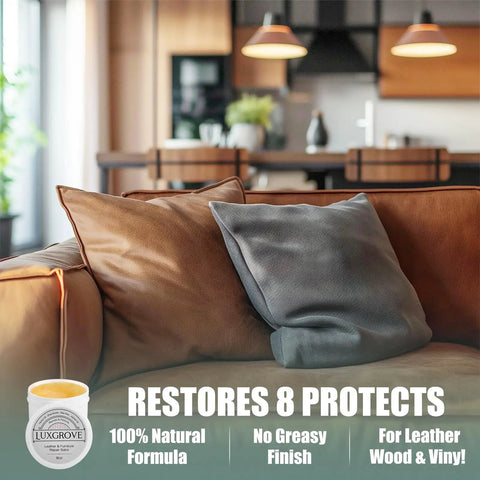The Real Deal Leather And Furniture Repair Salve Polisher With Deep Conditioner That Brings Beat Up Surfaces Back To Life And Keeps Your Ride Looking Crisp For Cars Couches Boots 8 Oz on a couch with decorative pillows.
