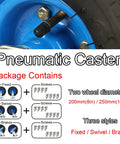 Close-up of Heavy Duty Rubber Wheel Casters With Pneumatic Tires And Swivel Brake, showcasing blue wheel and mounting screws.