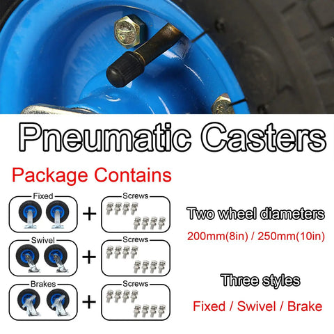 Close-up of Heavy Duty Rubber Wheel Casters With Pneumatic Tires And Swivel Brake, showcasing blue wheel and mounting screws.