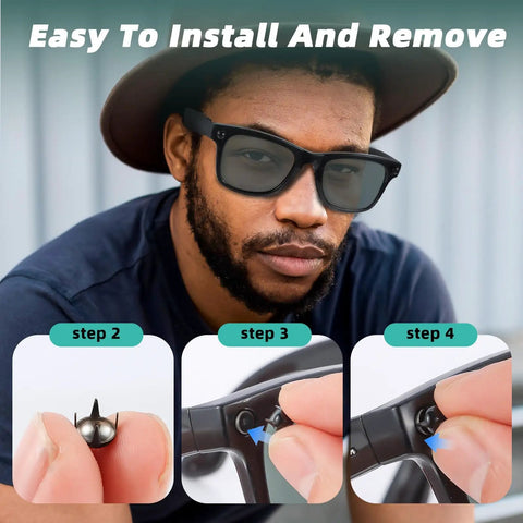 Installation steps of LED Light Blocking Stickers for Smart Glasses on Meta Wayfarer Skyler shown by model.