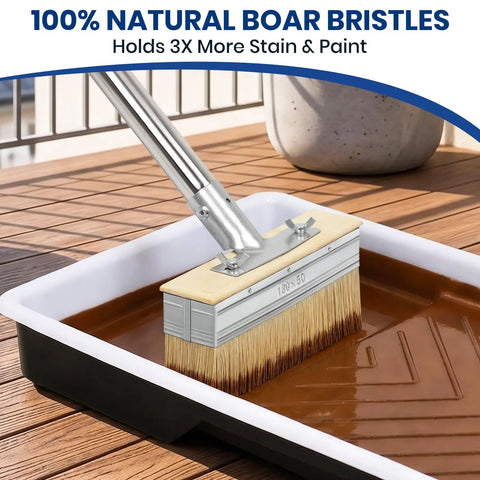 Heavy Hitter Deck Stain Brush Set With Super Long 59 Inch Pole Handle For Quick Wood Fence And Wall Coverage Comes With Detail Brush For Railing Crevices Save Your Back Today with natural boar bristles in paint tray.