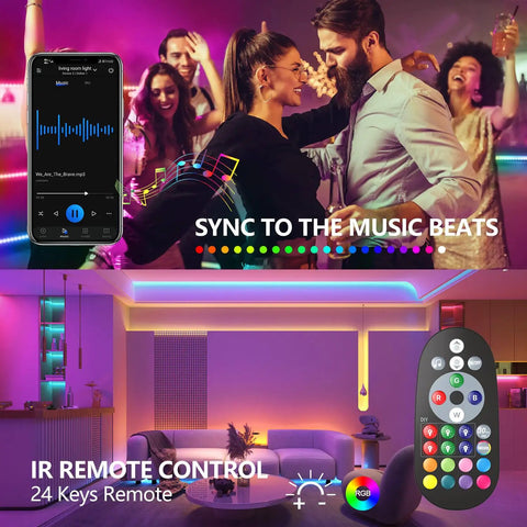 Image showing 65 Foot Color Changing LED Light Strip With Remote And App Control For Bedroom Party Setup Dope RGB Lighting With 24V Power Supply Indoor Mood Lighting For Home Decor And Music Sync; features music syncing and remote control.