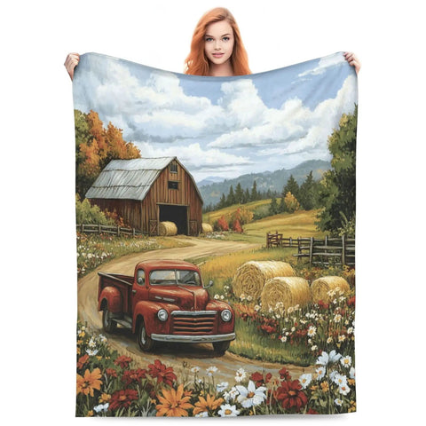 Super Cozy Pickup Truck Blanket Throw Ultra Soft Flannel Travel Blanket For Bed Couch Sofa Living Room Or Bedroom Lightweight Yet Warm All Season 80 By 60 Inches Great Gift For Women Men Teens Boys Girls, featuring vintage truck design with barn scene.