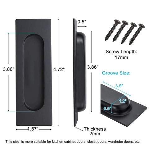 4.72 Inch Matte Black Recessed Finger Flush Cabinet Pulls By Malimali, dimensions labeled, side view, screws included