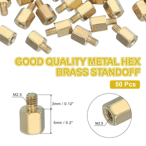 Top Shelf M2.5 Hex Brass PCB Standoffs With Female Threads 50 Piece Kit For FPV Drones Quadcopters And Motherboards Heavy Duty gold standoffs with detailed measurements