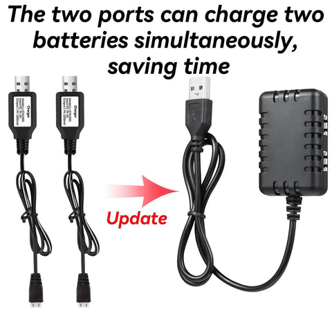 7.4V LiPo Battery Charger 2 in 1 USB Cable For RC Cars 2S Batteries XH3P Plug, dual ports for simultaneous charging
