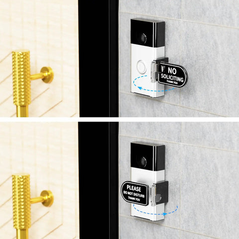 Acrylic Do Not Disturb Doorbell Sign No Soliciting For Front Door, 2-pack, installed on doorbell camera, easy tool-free setup.