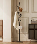 Tree Shaped Coat Rack With Eight Hooks Heavy Duty Freestanding Metal Coat Tree On Cast Iron Base Sturdy Stand in black finish