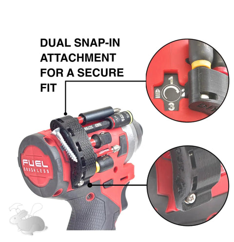 Side Mount Magnetic Bit Holder For Quarter Inch Hex Drill Bits Boosts Power Tool Organization By Keeping Your Toolbox Slick And Stacked For Day One Job Site Grind Without Ever Missing A Beat attached to cordless drill with secure snap-in fit.