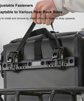 Close-up of rainproof bike rack pannier bag with reflective strips and buckle, adjustable straps on rear rack for stable ride.