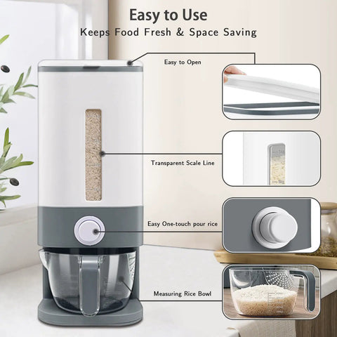22 To 25 Lb Rice Dispenser Large Cereal And Dry Food Storage Containers With Transparent Scale Line, BPA Free, Gray