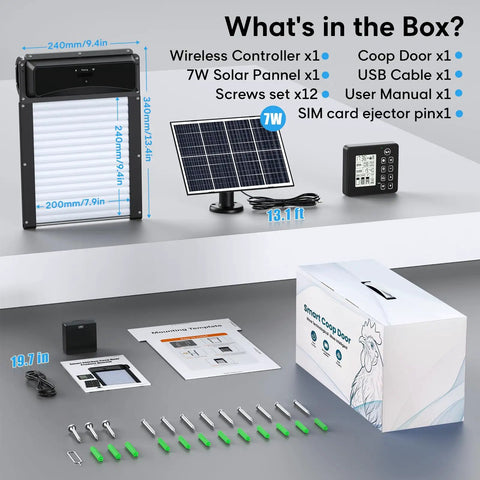 Solar Powered Roll-Up Chicken Coop Door With Remote Display kit components, including solar panel, controller, and screws.