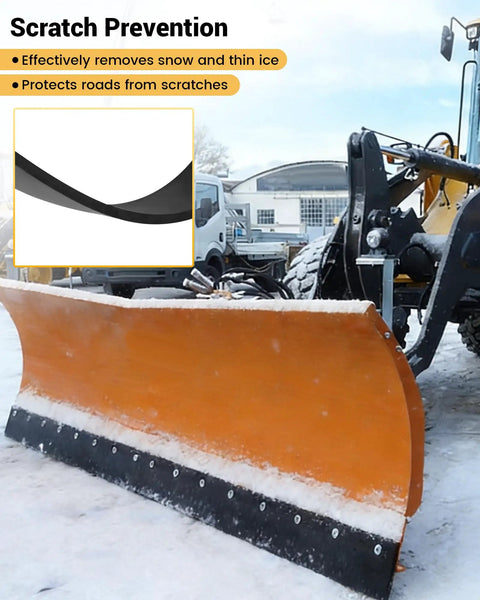 Orange snow plow with 60 inch long 4 inch wide three quarters inch thick polyurethane cutting edge attached to vehicle in snow.