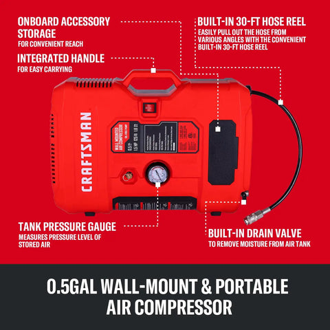 Craftsman Wall Mount Air Compressor With 8 Piece Accessory Kit, Portable Tire Inflator & Quiet Mini Tank 125 Psi Max Pressure Retractable 30 Ft Hose For Garage Home Car Maintenance