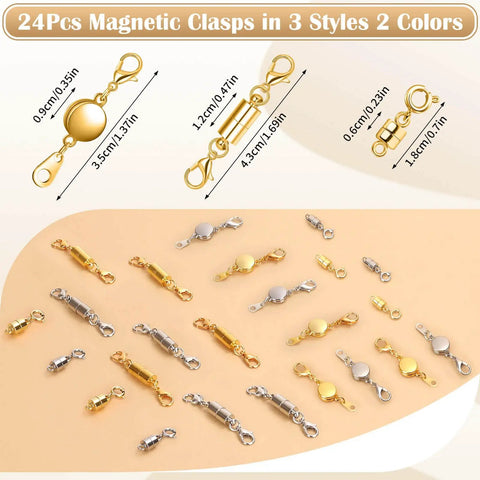 24 Pcs Magnetic Necklace Clasps Set In Round Cylindrical And Tubular Styles, Silver And Gold Finishes, displayed on flat surface