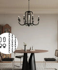 Industrial Black 20 Foot Adjustable Light Fixture Chain With Connection Locks hanging chandelier in dining room setup