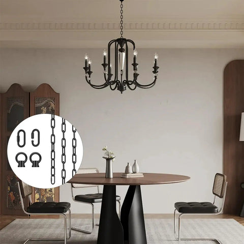 Industrial Black 20 Foot Adjustable Light Fixture Chain With Connection Locks hanging chandelier in dining room setup