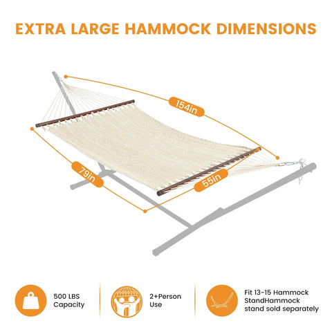 Caribbean Rope Hammock For Outdoors Extra Large 13 Ft Two Person Hand Woven Polyester XL Hammock With Spreader Bars shown on a stand