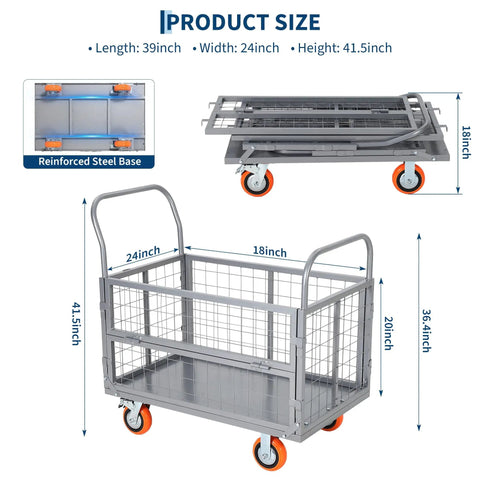 Heavy-Duty 1800 Lb 6-In-1 Foldable Platform Cart With Cage, 360 Degree Wheels, silver cart dimensions and folded design