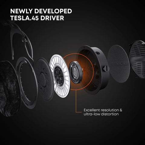 Exploded view of DT 1990 Pro MKII Open-Back Wired Studio Headphones with newly developed TESLA.45 driver for audiophile-grade sound.