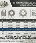 Diagram of All-In-One 61-Piece M8 Stainless Steel Lock Nut and Flat Washer Kit with 13mm Wrench and measurements grid.