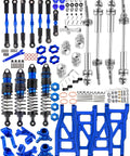 Total Game Changer Chassis Upgrade For 1/10 Slash Rustler Stampede 4x4 Rc Rigs steel driveshafts camber links and blue aluminum parts.